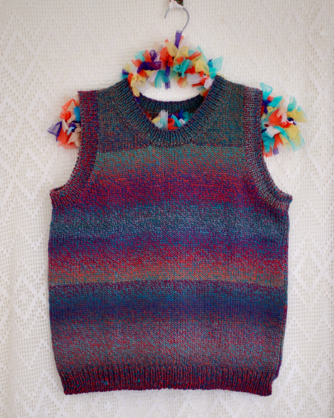 Autumn Shades handknit vest variegated burgundy merino wool NZ made slow fashion knitwear