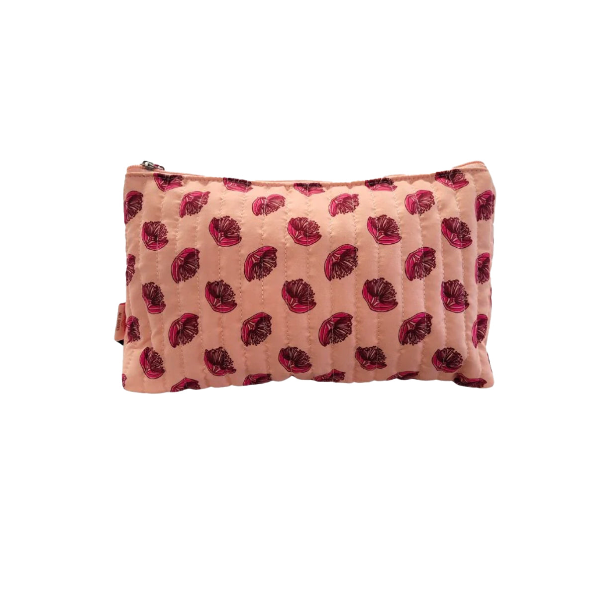 Large pink floral toilet bag with a white background.