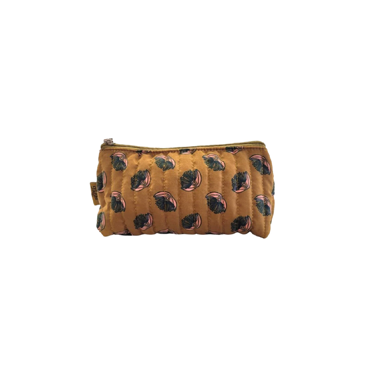 Small mustard floral costmetic bag with a white background.