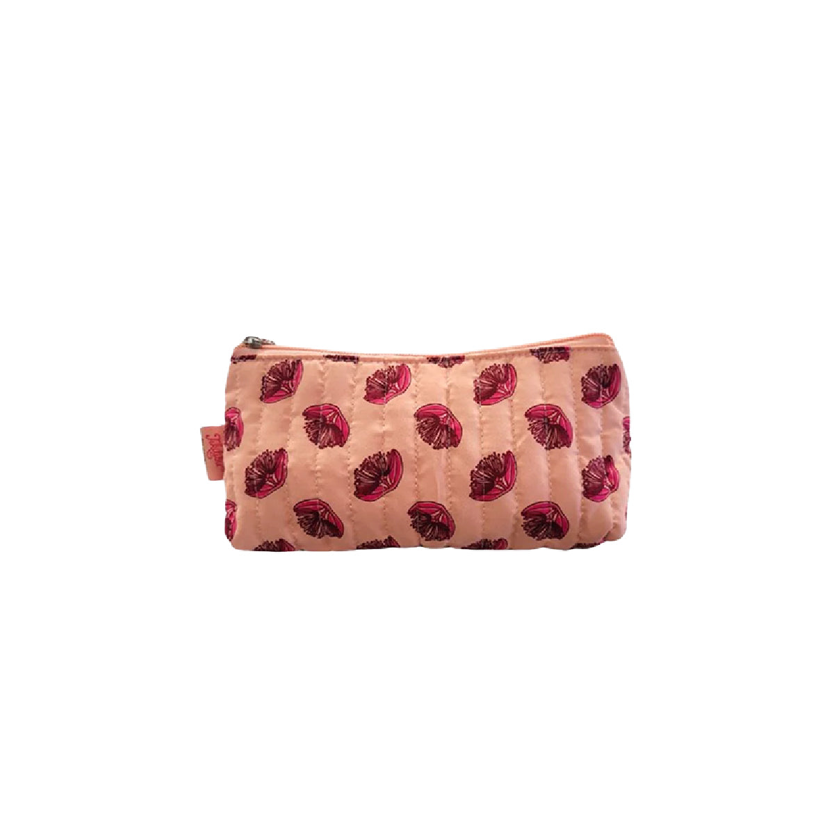Small pink floral toilet bag with a white background.