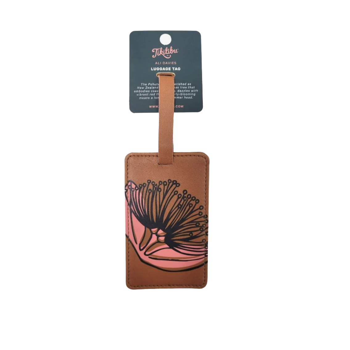 Mustard coloured tag with dark green pohutukawa print on it.