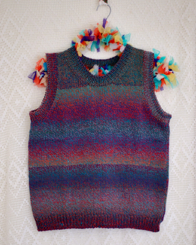 Autumn Shades handknit vest variegated burgundy merino wool NZ made slow fashion knitwear