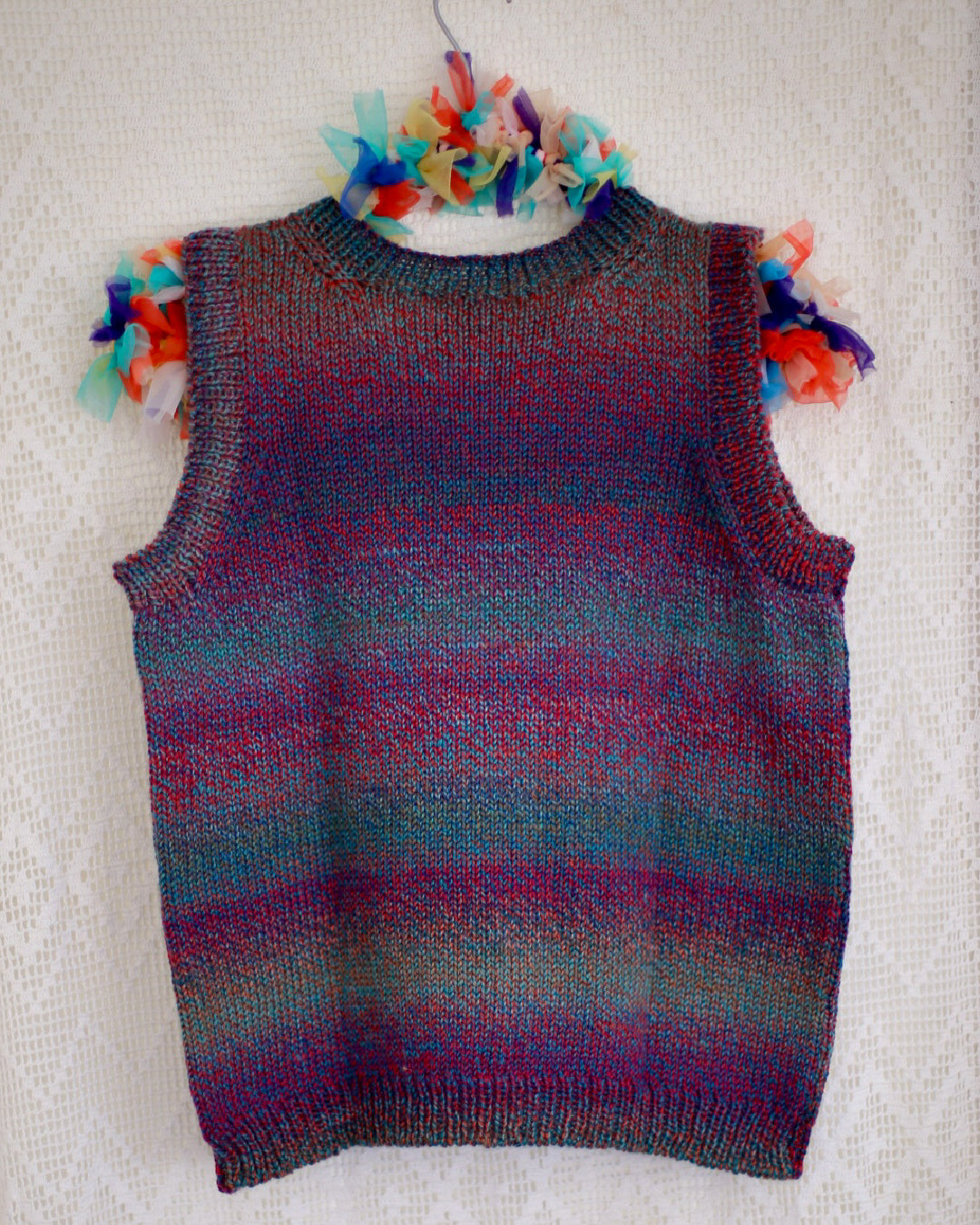 Autumn Shades handknit vest variegated burgundy merino wool NZ made slow fashion knitwear