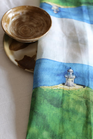 Linen tea towel with painterly image of lighthouse at Cape Reinga Northland NZ