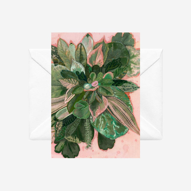 Pink and Green floral card with embroidered artwork