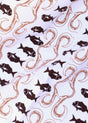 Pattern of black fish and brown tentacles on a light blue background