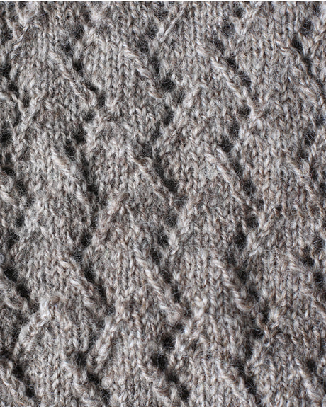Tussock handknit lace vest (close up) in natural undyed NZ Romney wool, made to order slow fashion knitwear New Zealand