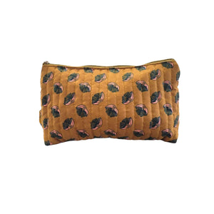 Large mustard floral toilet bag with a white background.