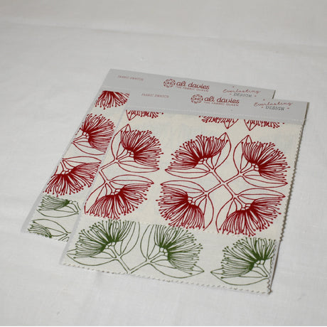 A fabric swatch with a floral pattern, predominantly red and green, on a white background, labeled for color matching.