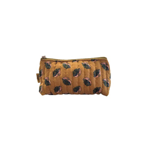 Small mustard floral costmetic bag with a white background.