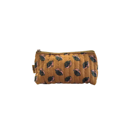Small mustard floral costmetic bag with a white background.