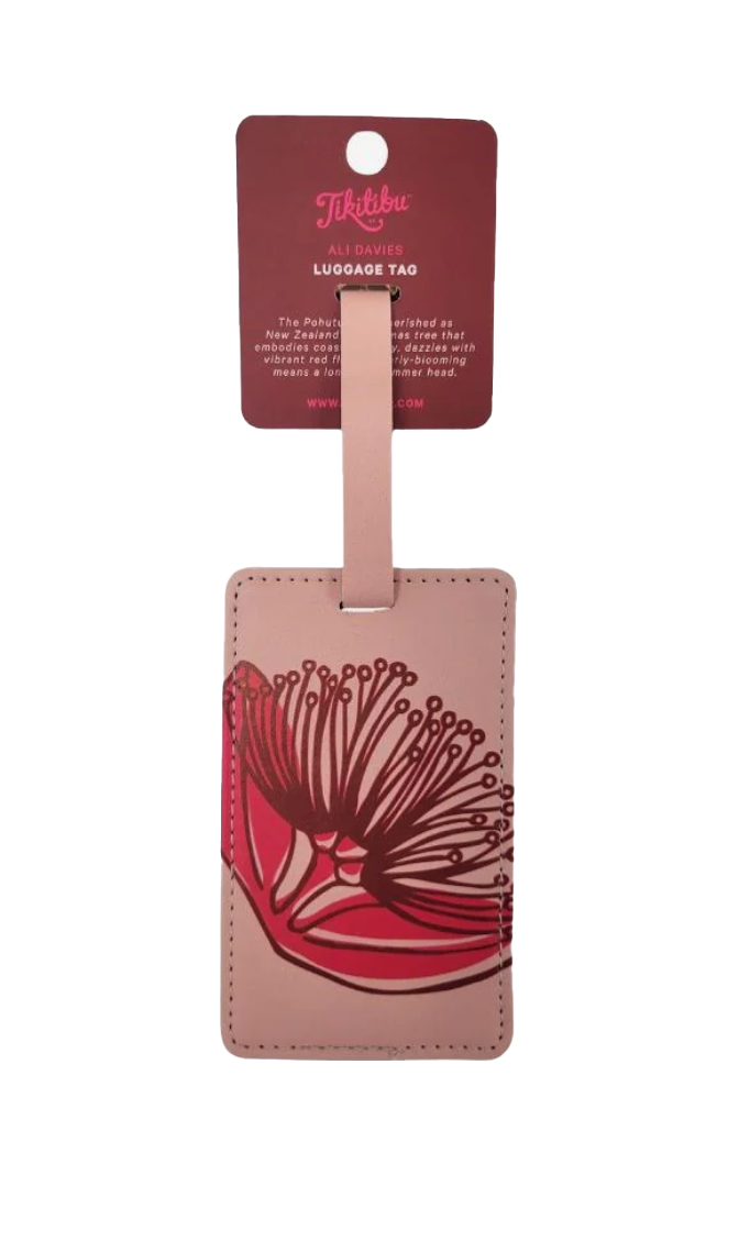 Pink bah tag with magenta pohutukawa print on it.